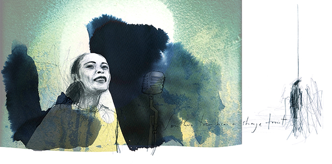 Billie Holiday singend mit einem illustrativen Verweis zu ihrem musikalischen Aufschrei gegen die rassistischen Grausamkeiten: „Strange Fruits“